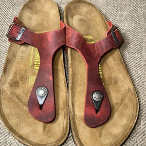 Birkenstock Gizeh Red Leather Thong Sandals/Shoes WMN 7/Men 5 (38) AUTHENTIC